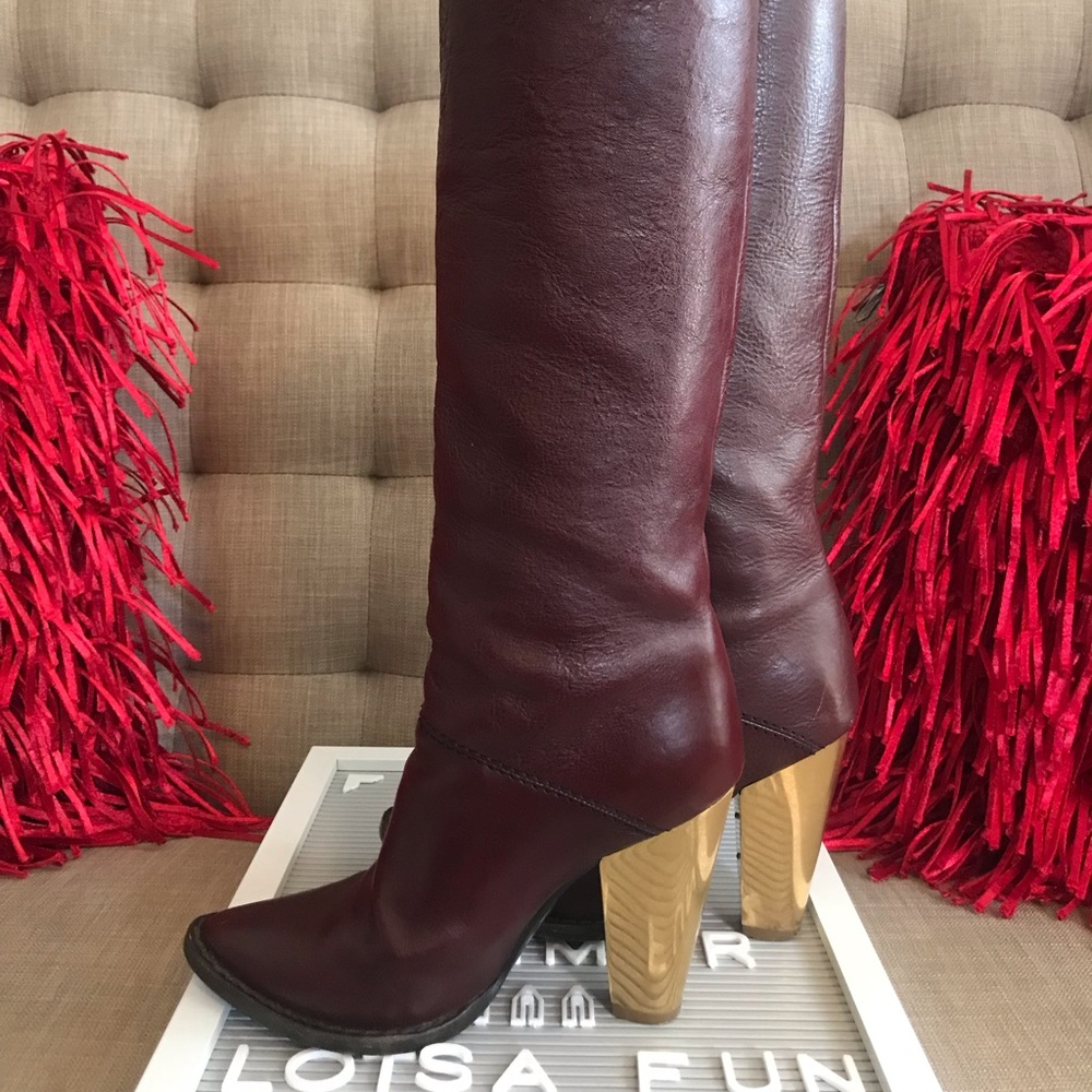 D&G Knee high Leather Boots with gold chunky heel